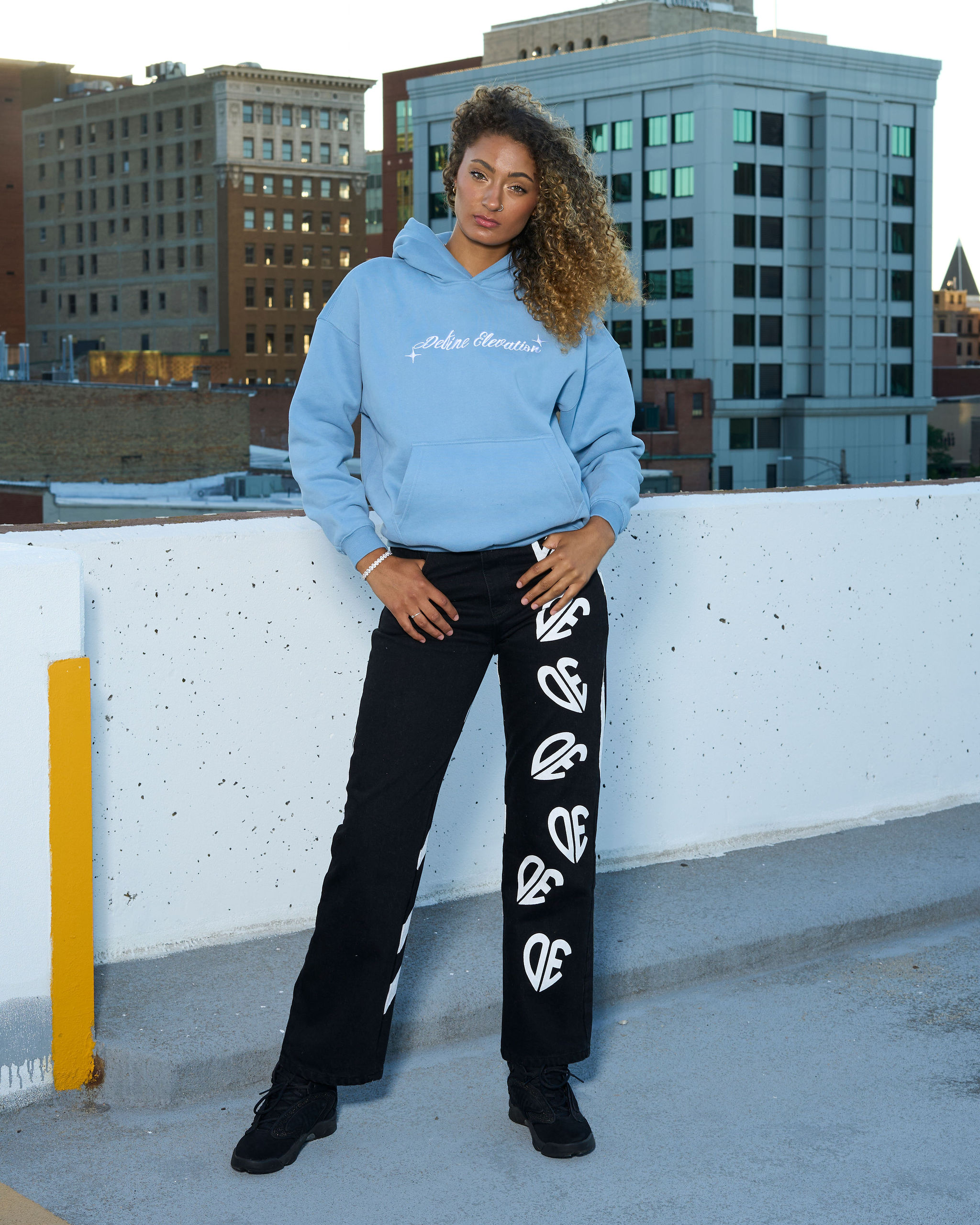 Define Elevation light-blue hoodie editorial